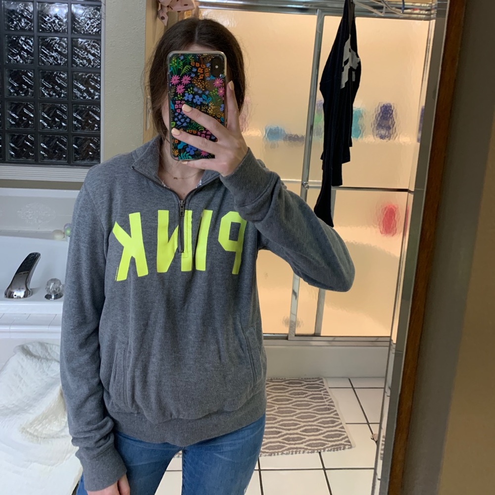 PINK Victoria’s Secret Pullover 3/4 Zip Kangaroo Pocket Grey Neon Yellow Small